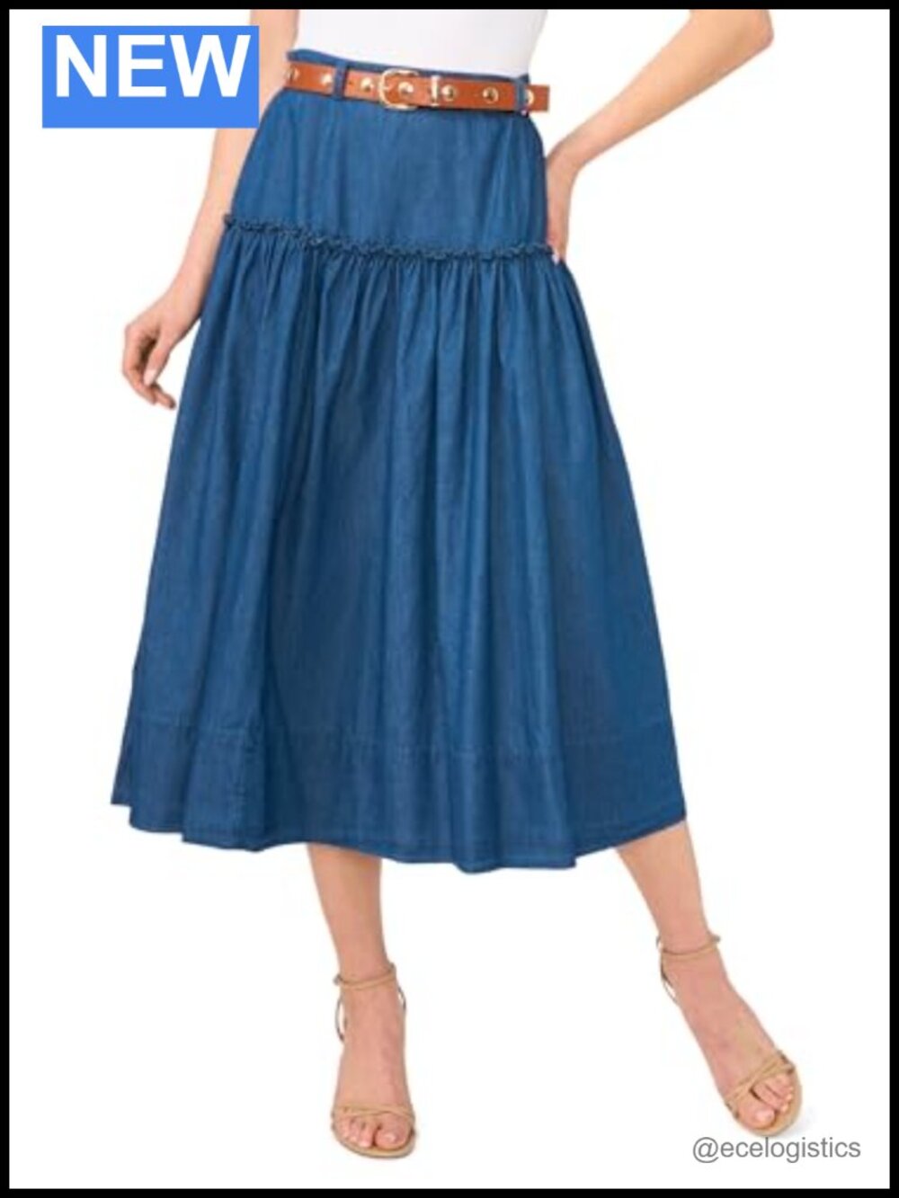 CeCe Women's Belted Denim Midi Circle Skirt Silhouette